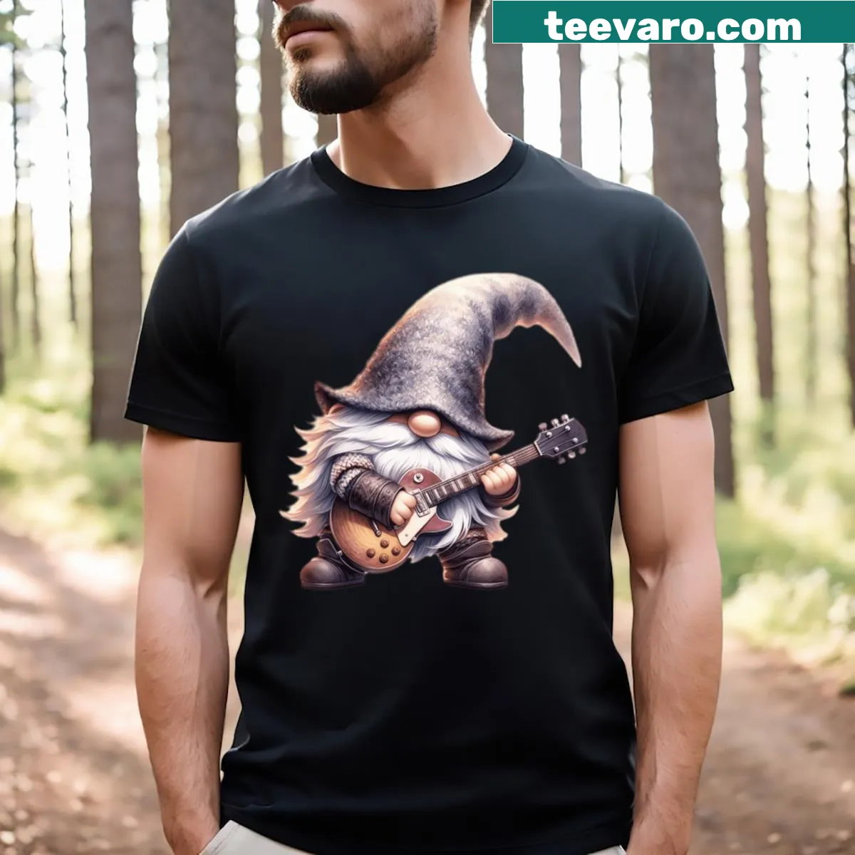 Gnome playing guitar graphic t-shirt — on a men's t-shirt