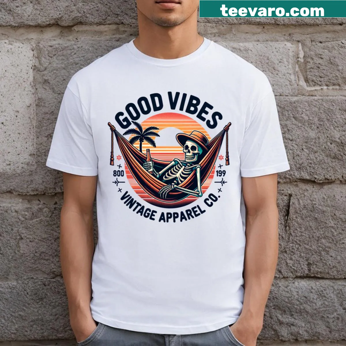 Positive typography T-shirt with 'Good Vibes' and astrology theme — on a men's t-shirt