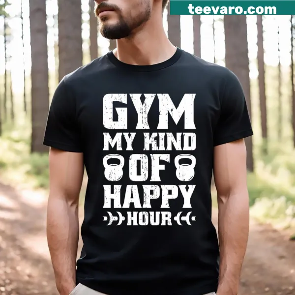 Funny fitness design emphasizing gym time as happy hour