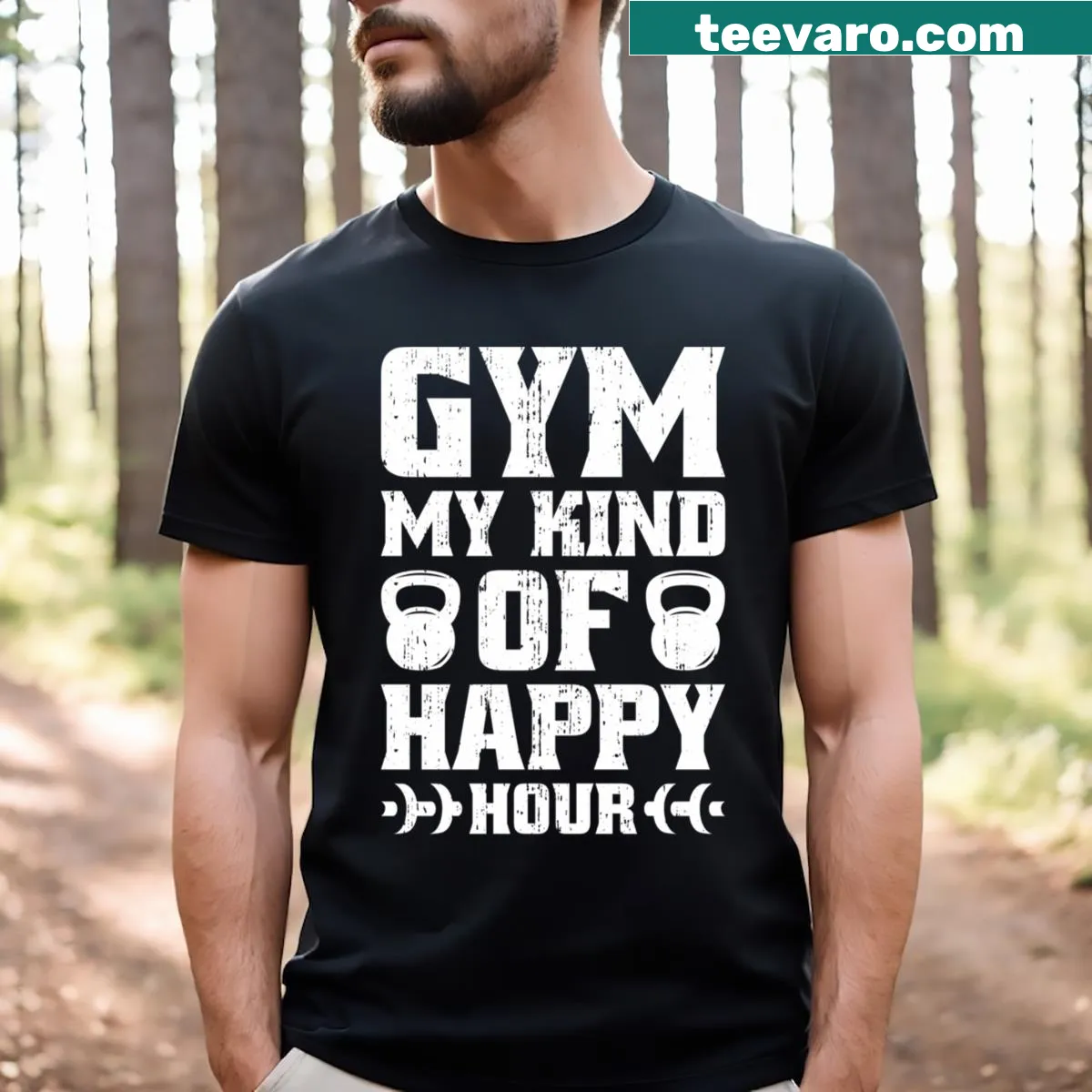 Funny fitness design emphasizing gym time as happy hour — on a men's t-shirt