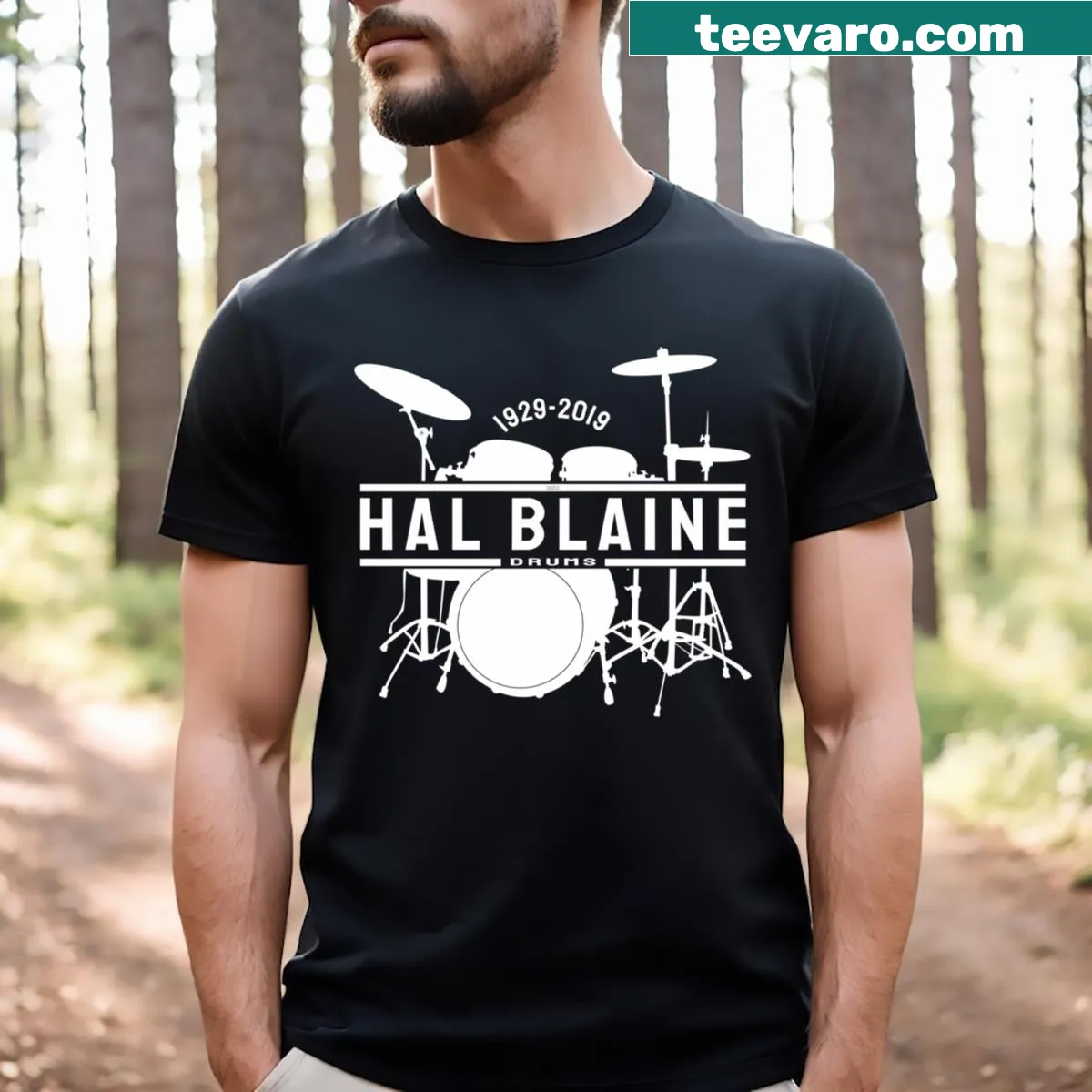 Vintage-style T-shirt honoring Hal Blaine 1929-2019 with musical theme. — on a men's t-shirt