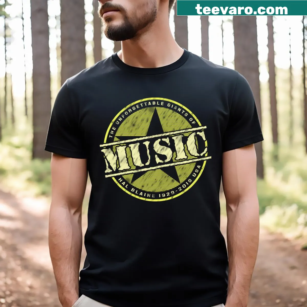 Vintage-style Hal Blaine T-shirt with his life dates 1929-2019. — on a men's t-shirt