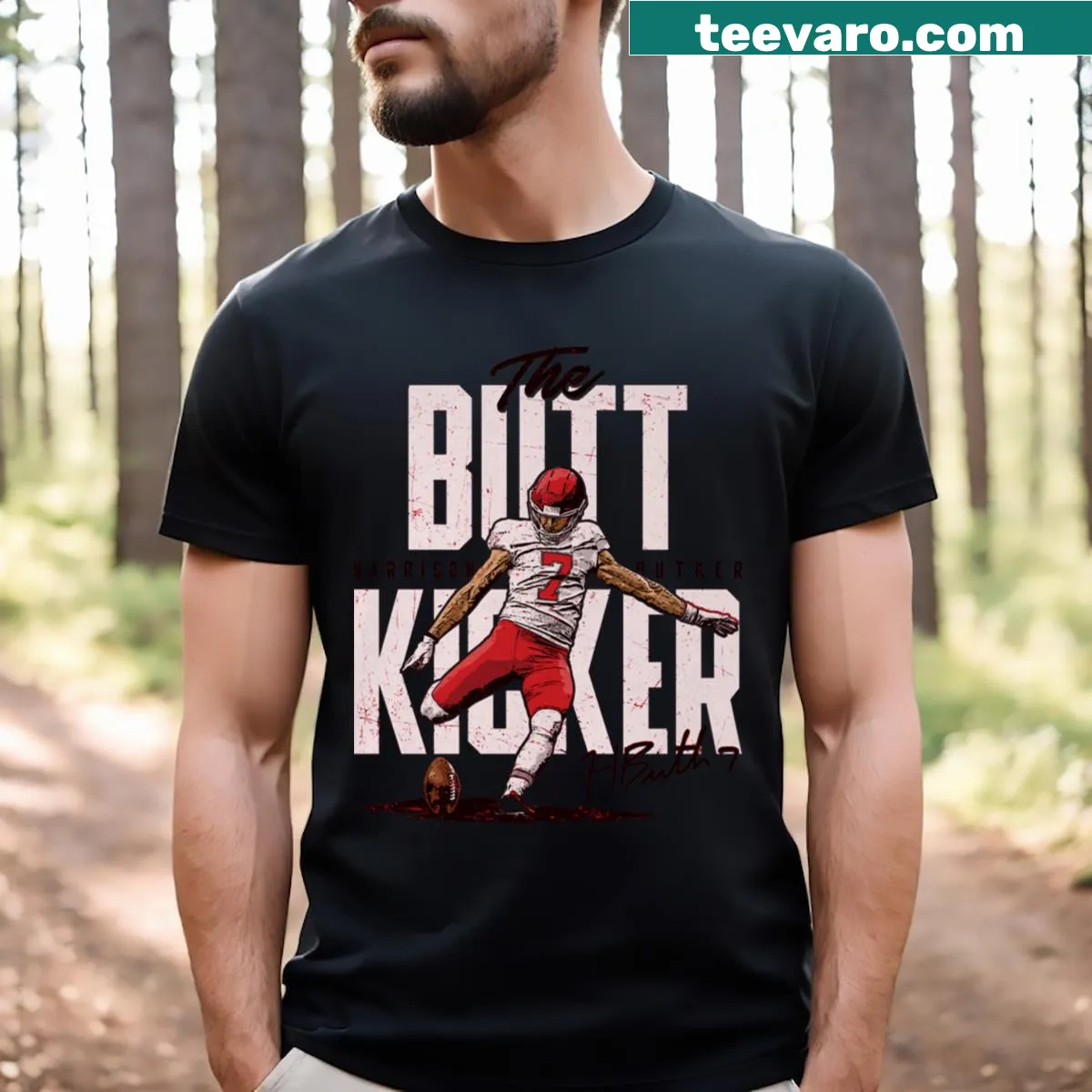 Kansas City Butt Kicker T-shirt featuring Harrison Butker's name in a playful design — on a men's t-shirt