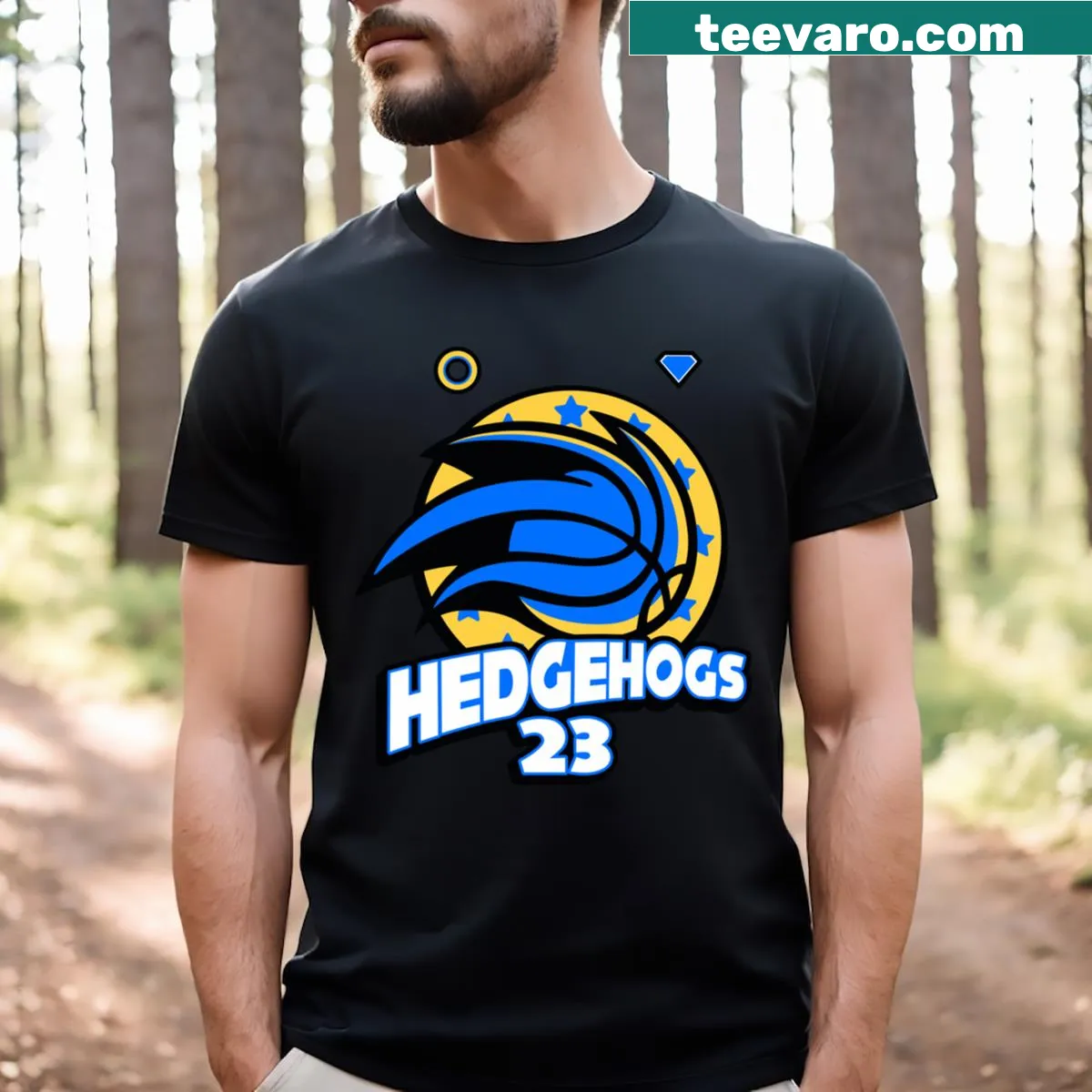 Playful hedgehog graphic t-shirt designed for active wear — on a men's t-shirt