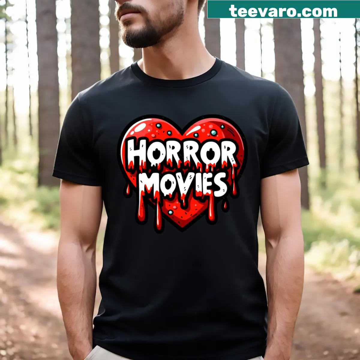 Horror-themed t-shirt with dripping blood heart design — on a men's t-shirt