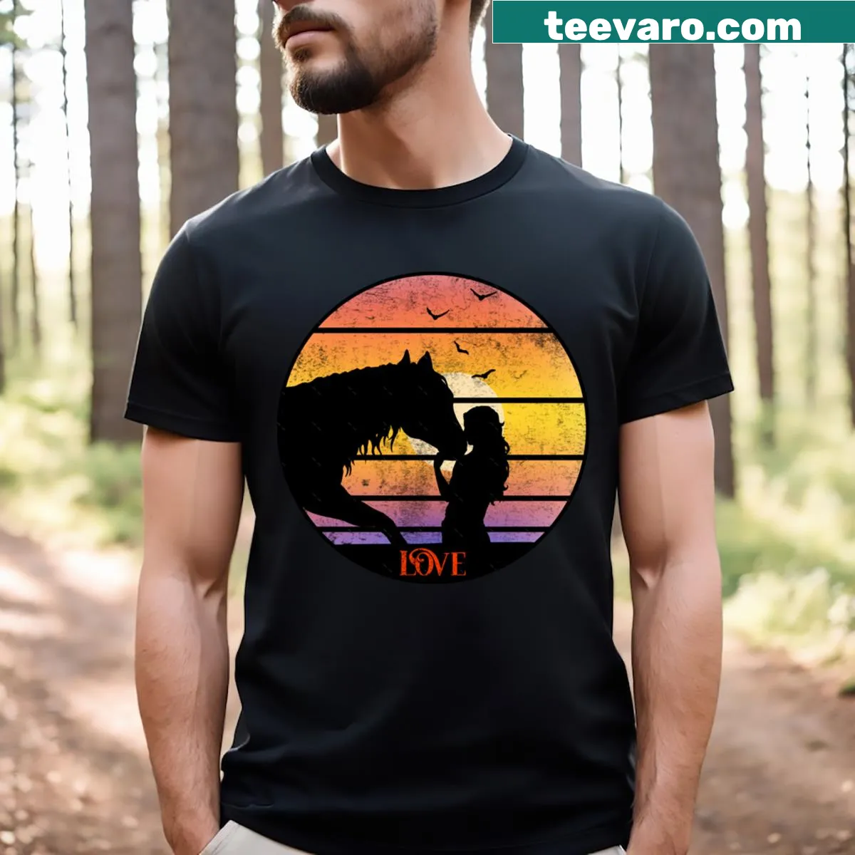 Stylish T-shirt with elegant text 'Love for Horses' and equine motifs — on a men's t-shirt