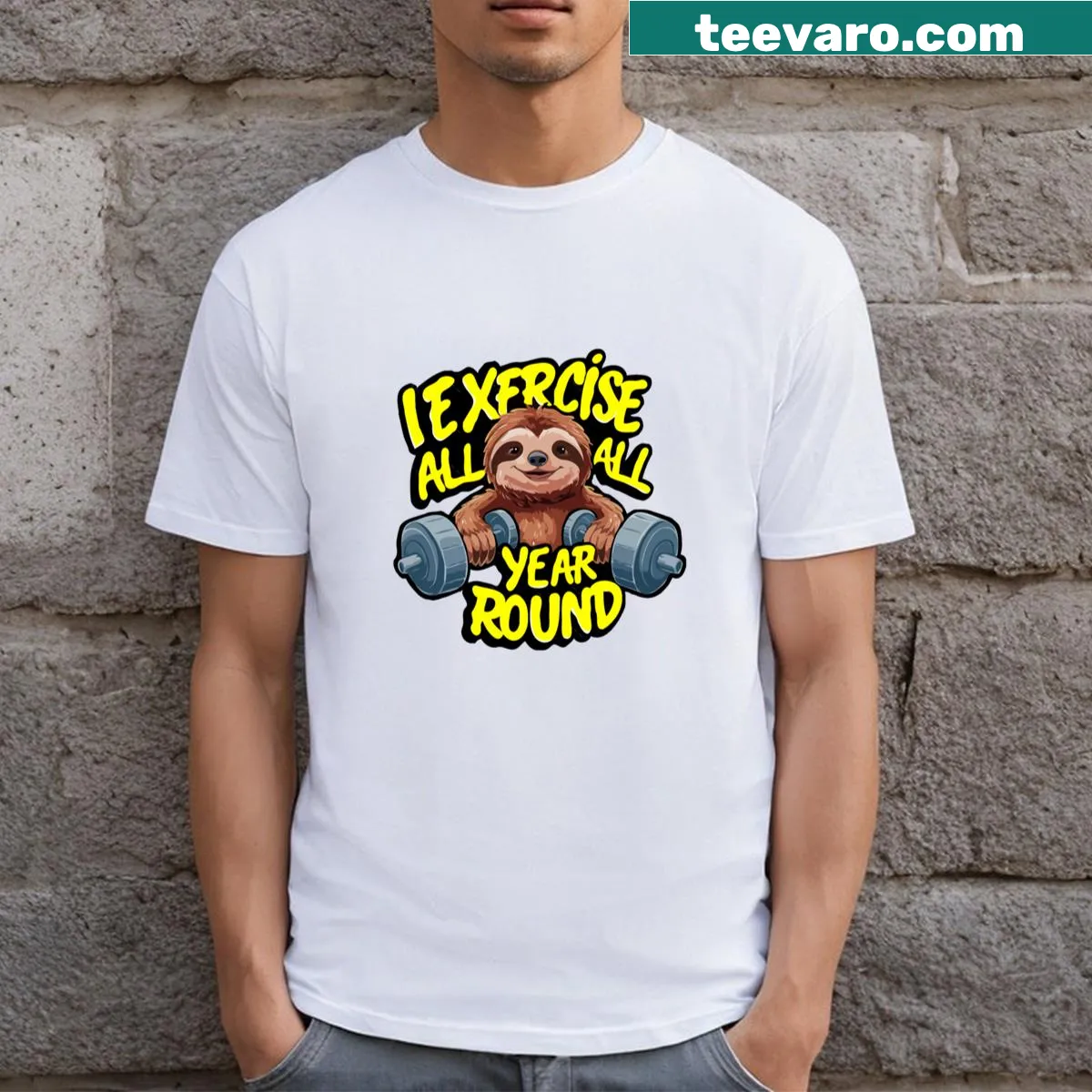 Typography shirt stating 'I Exercise All Year Round' for fitness enthusiasts. — on a men's t-shirt