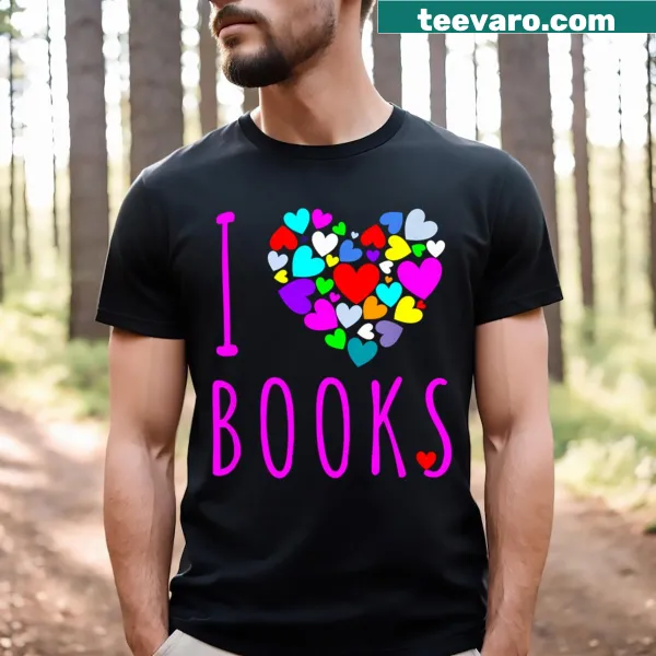Heart and book graphic on a reading-themed t-shirt