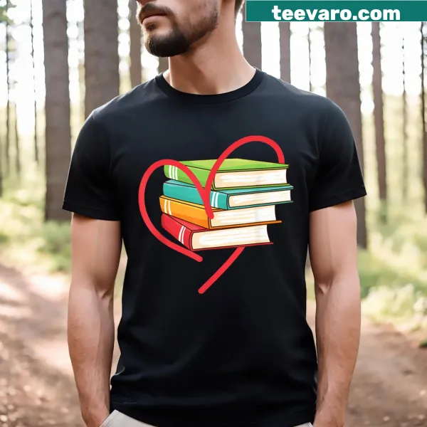 Heart and books graphic on a reading-themed shirt