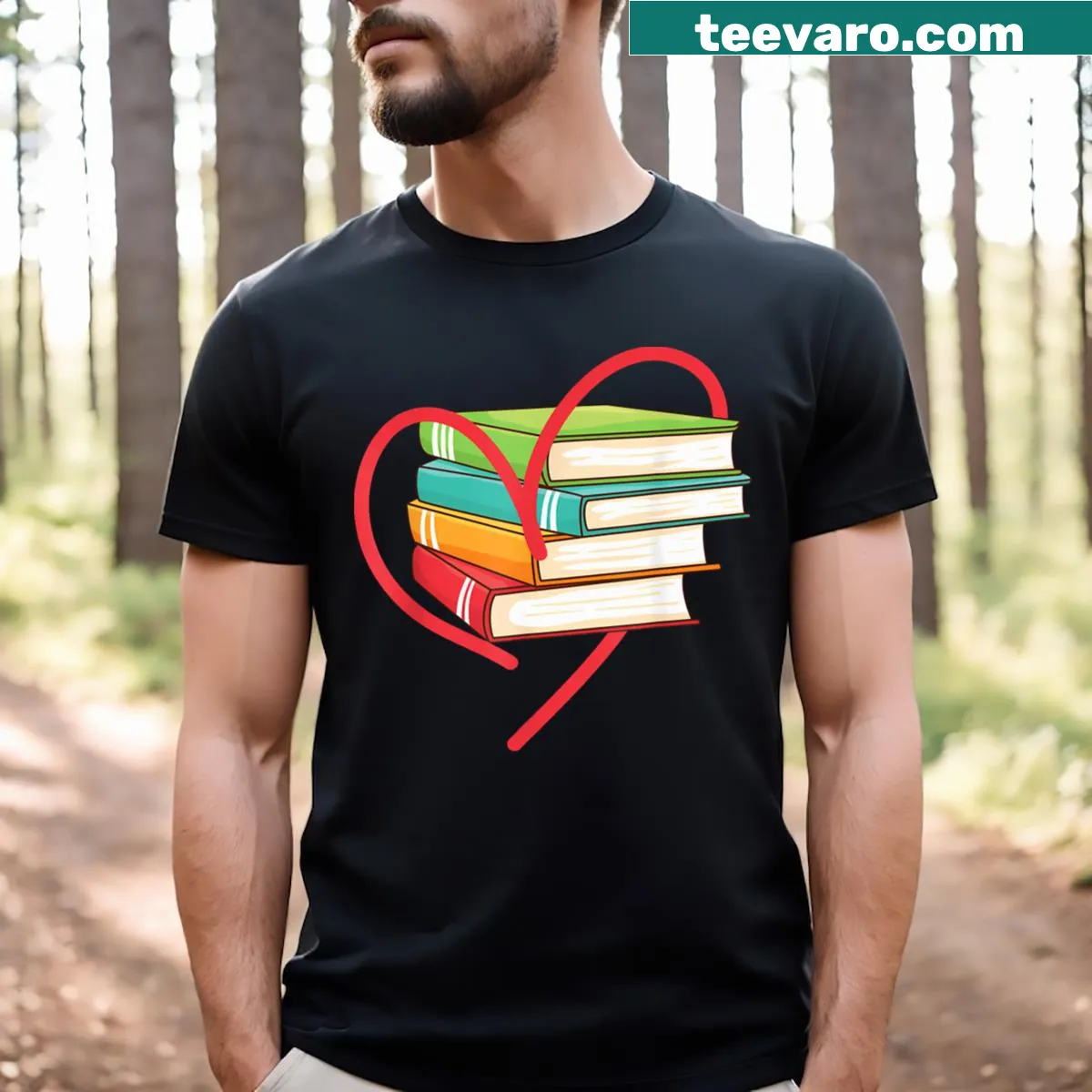 Heart and books graphic on a reading-themed shirt — on a men's t-shirt