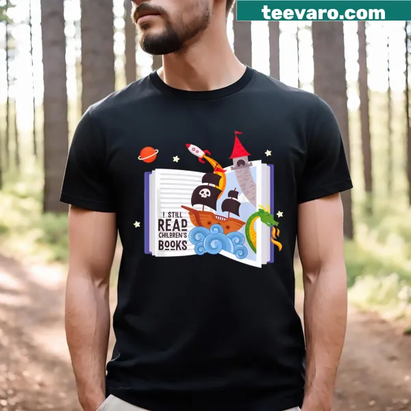 Whimsical reading-themed shirt celebrating children's books