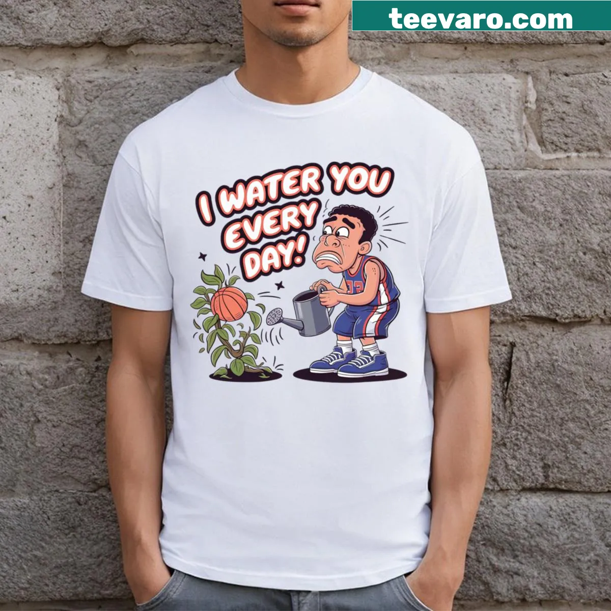 Fun I Water You Every Day! t-shirt with basketball plant graphic — on a men's t-shirt