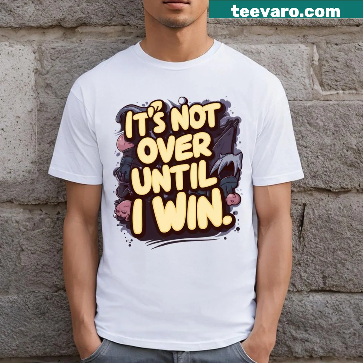 Motivational It's Not Over Until I Win t-shirt with dynamic illustration — on a men's t-shirt