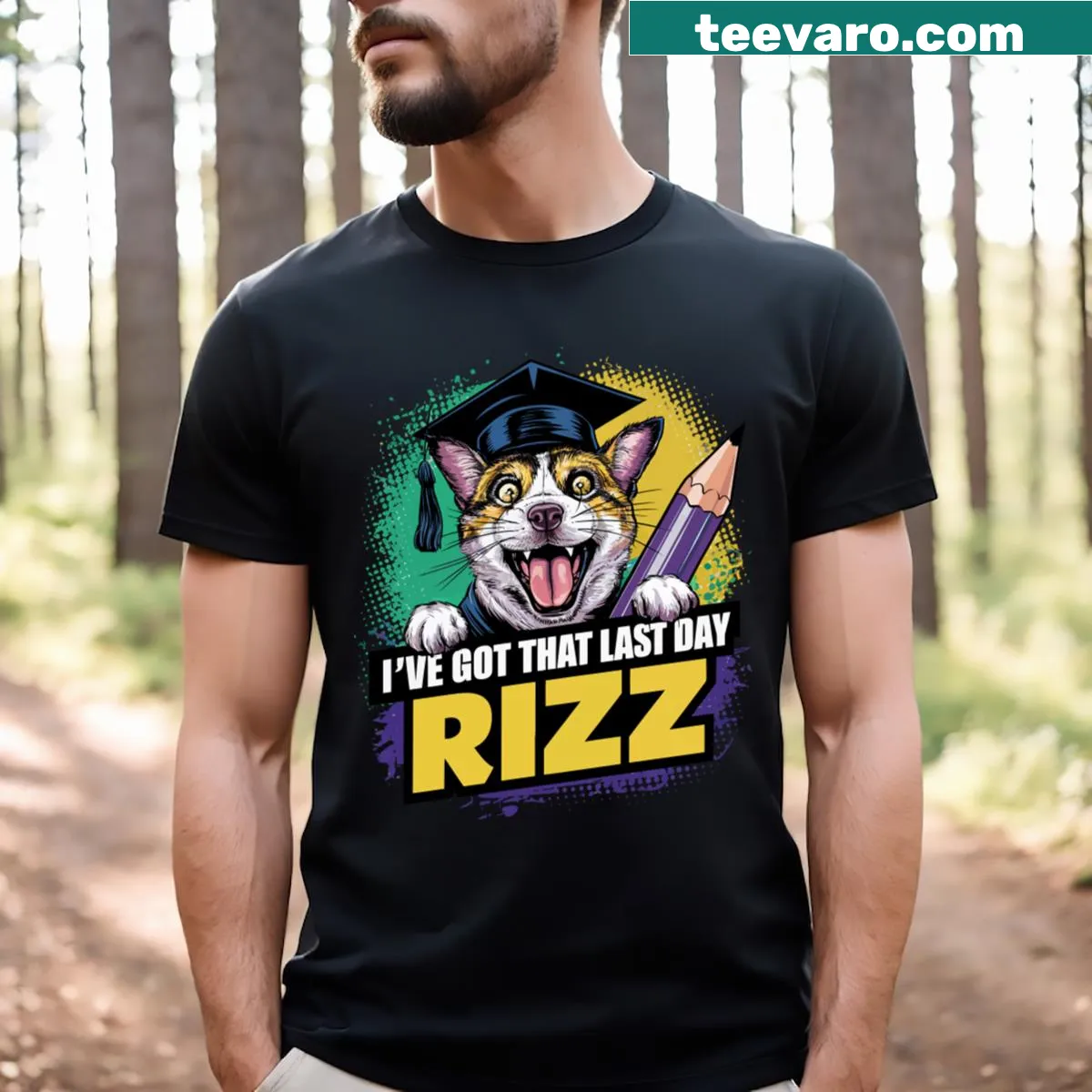 Graduation t-shirt featuring a dog meme with funny Gen Z slang — on a men's t-shirt