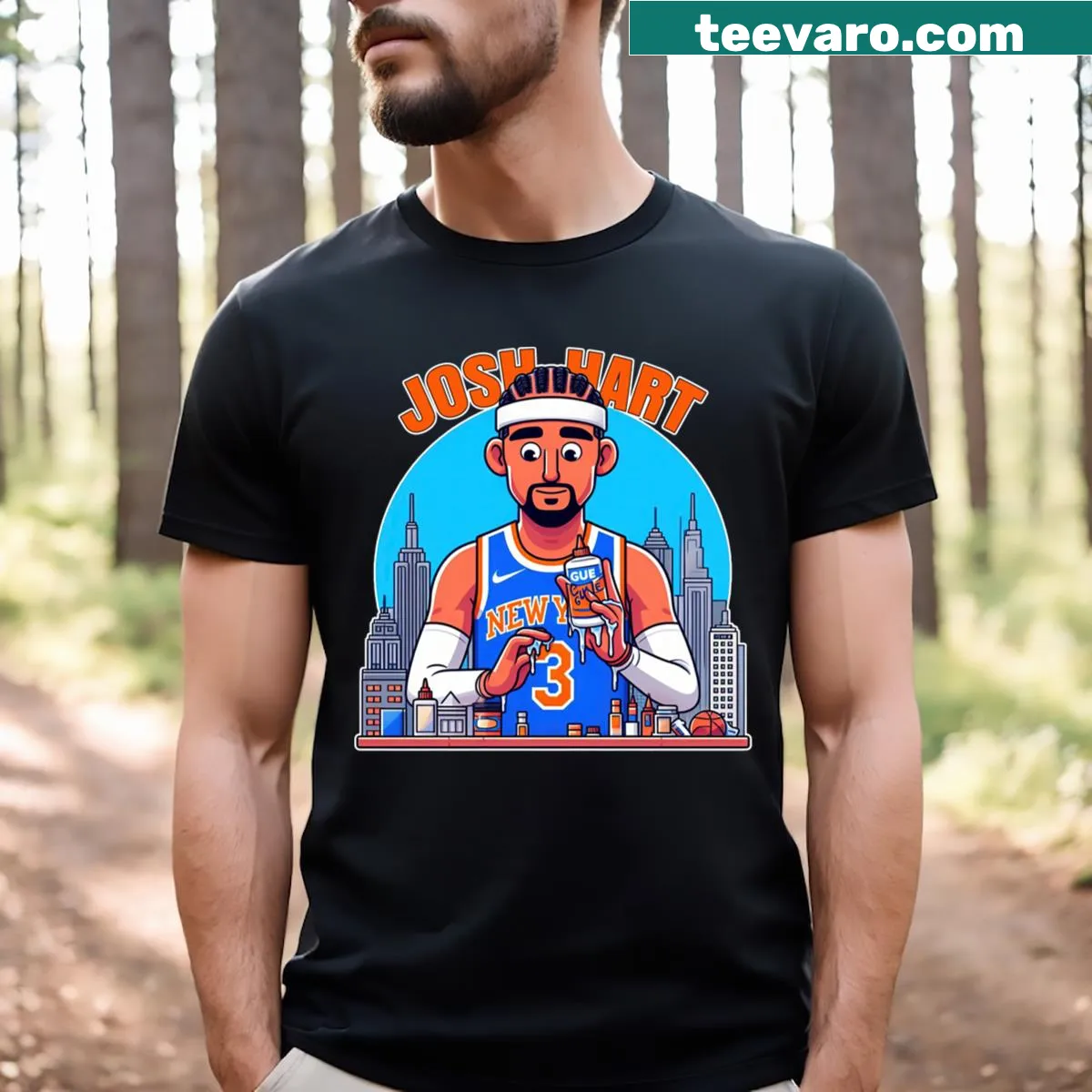 Cartoon design of Josh Hart in a playful illustration — on a men's t-shirt