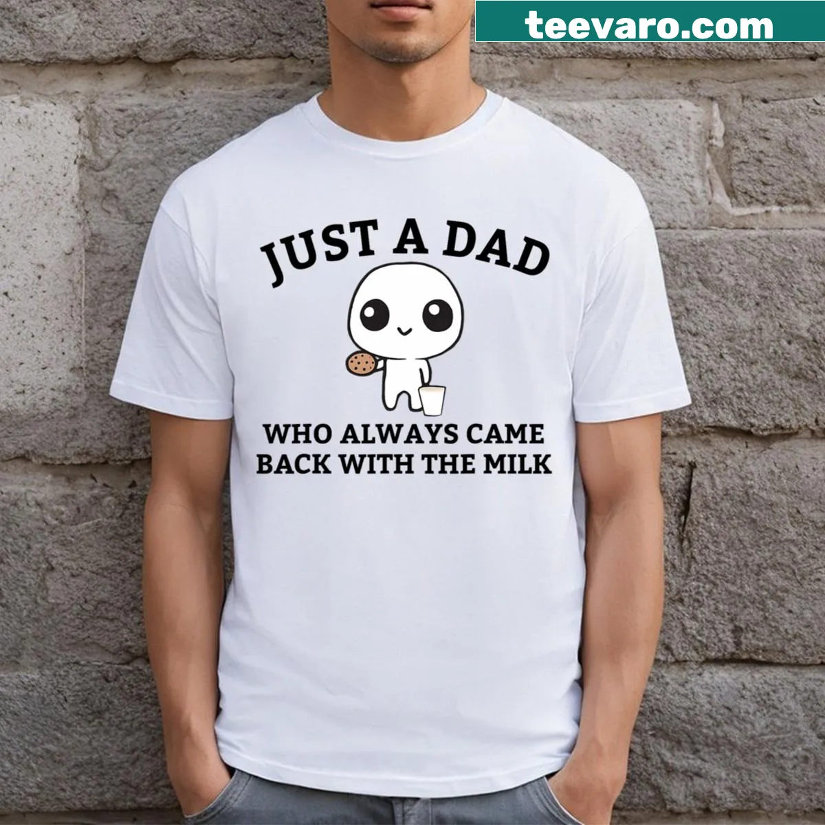 Typography design featuring a humorous dad joke about milk — on a men's t-shirt