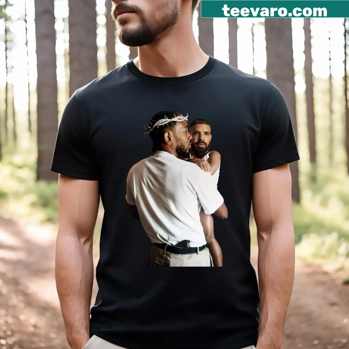 Hip-hop t-shirt featuring Kendrick Lamar holding baby Drake — on a men's t-shirt