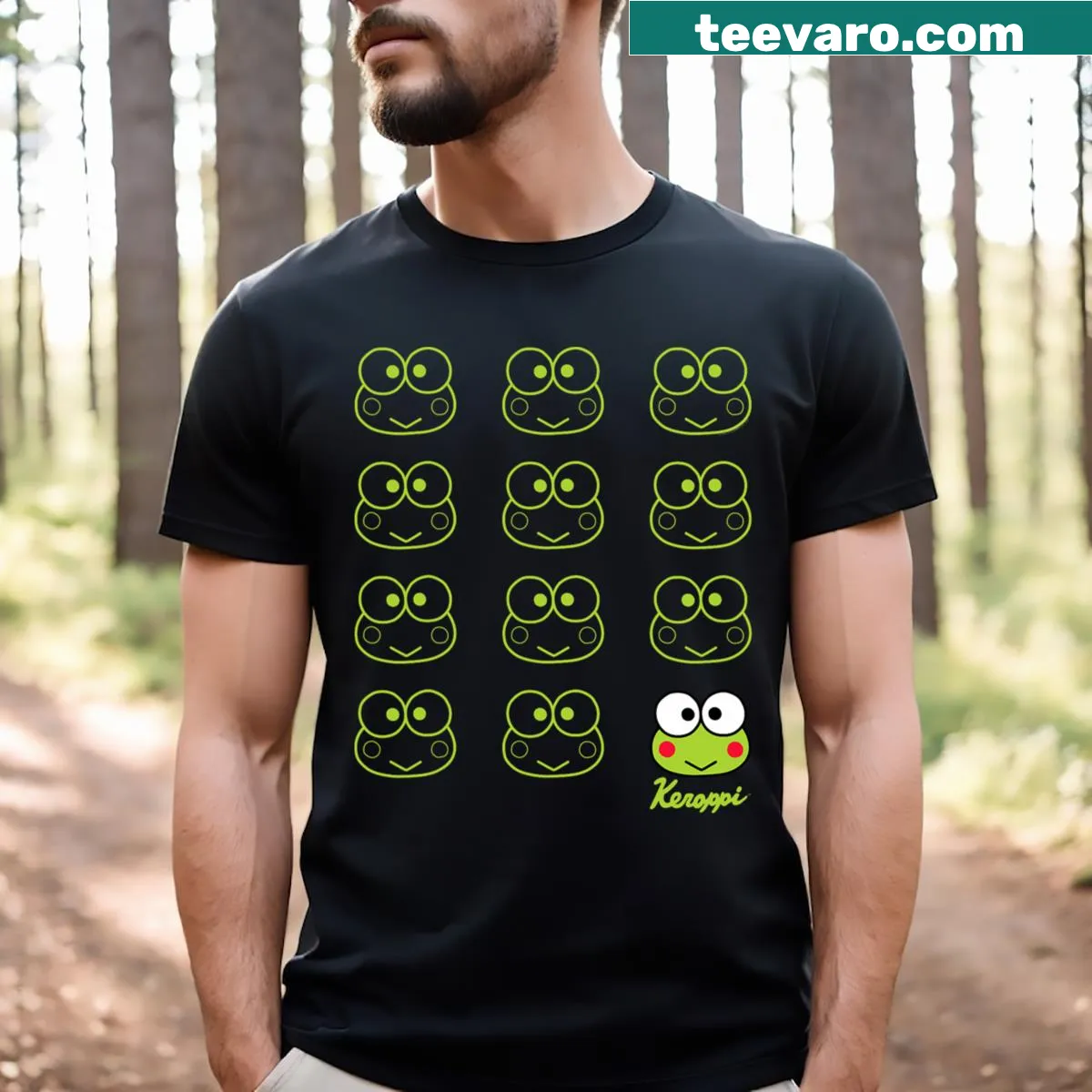 Cartoon design featuring the character Keroppi — on a men's t-shirt