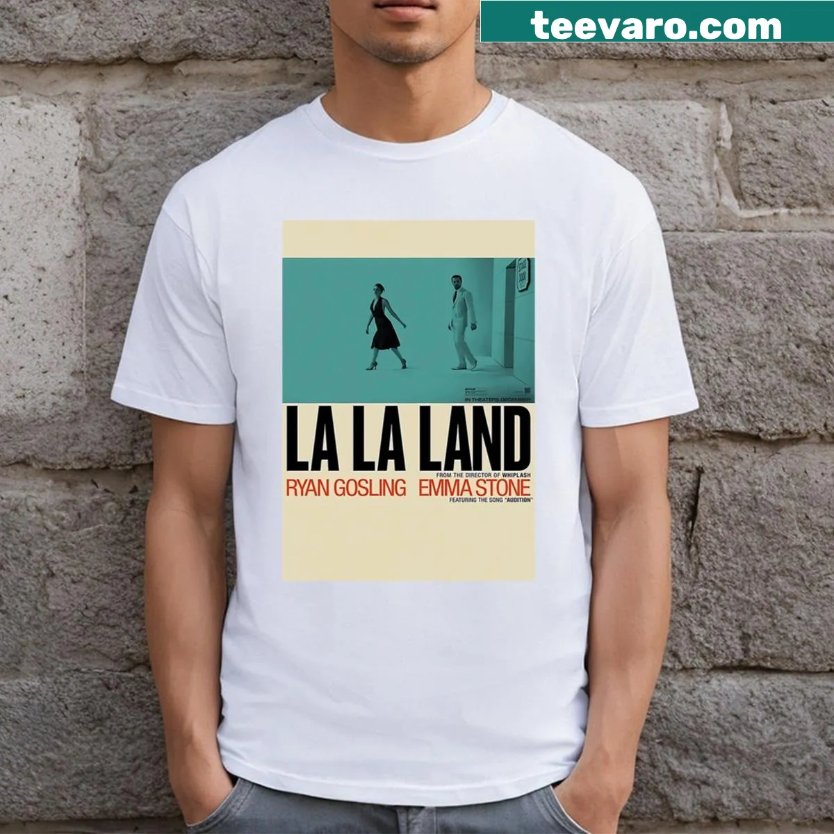 Vintage-style La La Land movie T-shirt with film-themed graphics — on a men's t-shirt