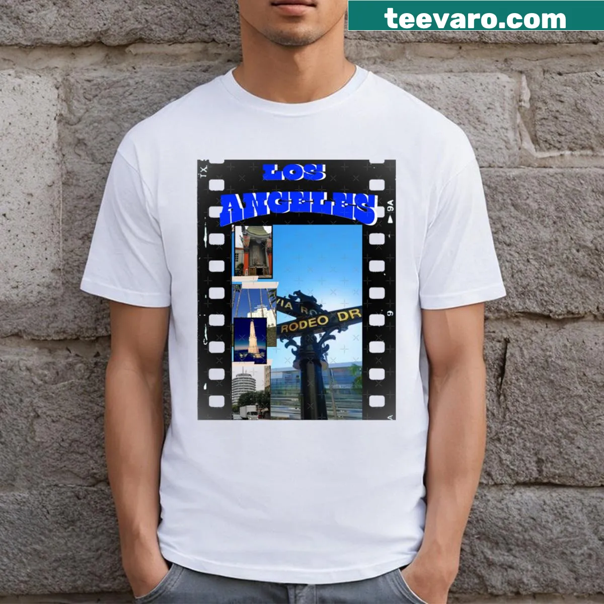 La Nicoya Hollywood T-shirt with whimsical film-themed graphics — on a men's t-shirt