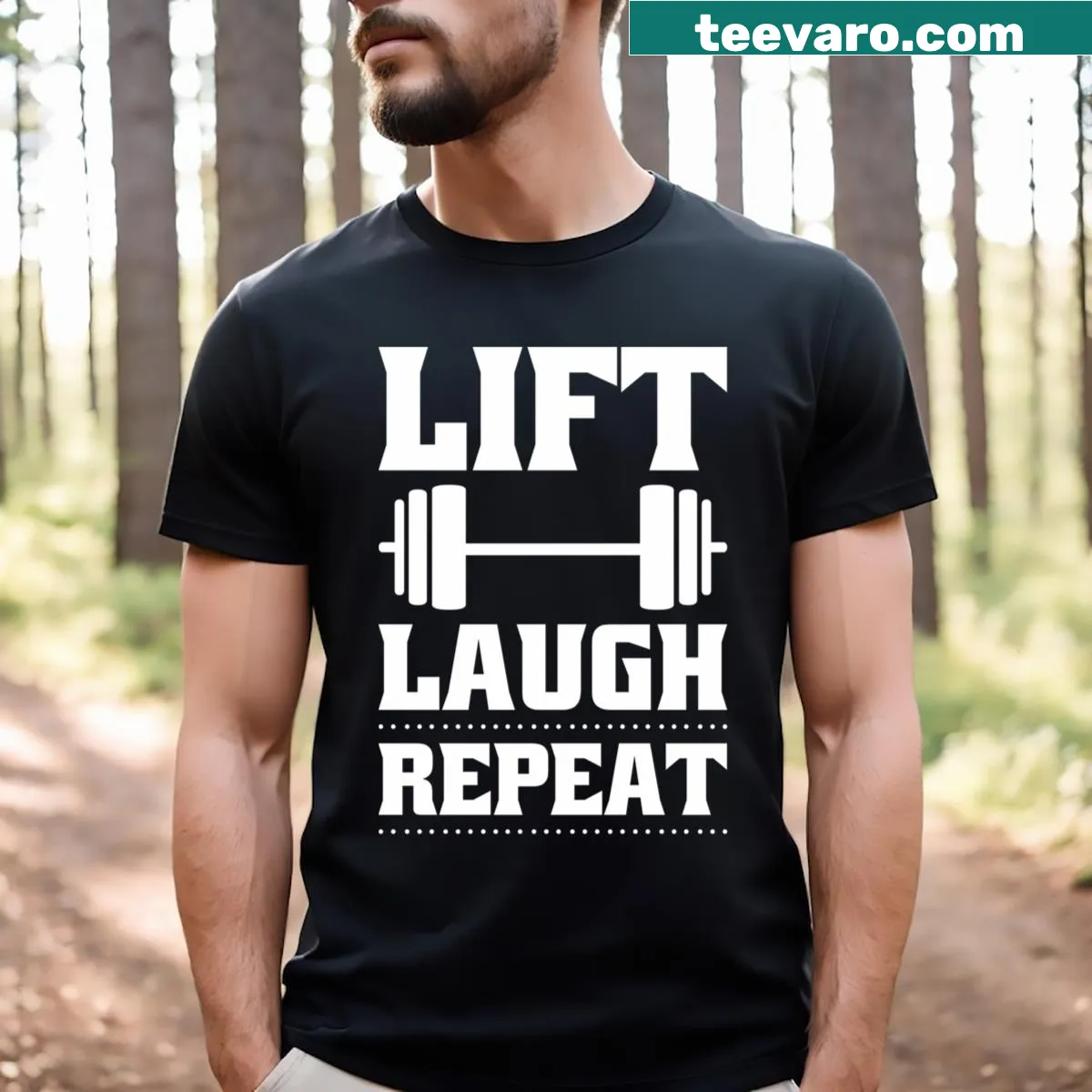 Funny fitness T-shirt with the phrase Lift Laugh Repeat — on a men's t-shirt