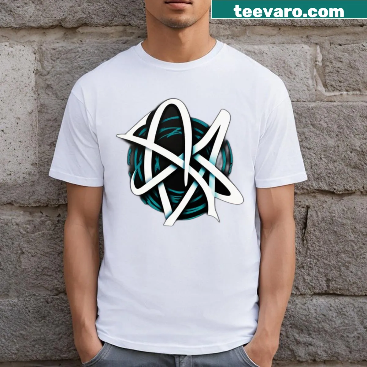 Minimalist badge-style logo of a band on a t-shirt — on a men's t-shirt
