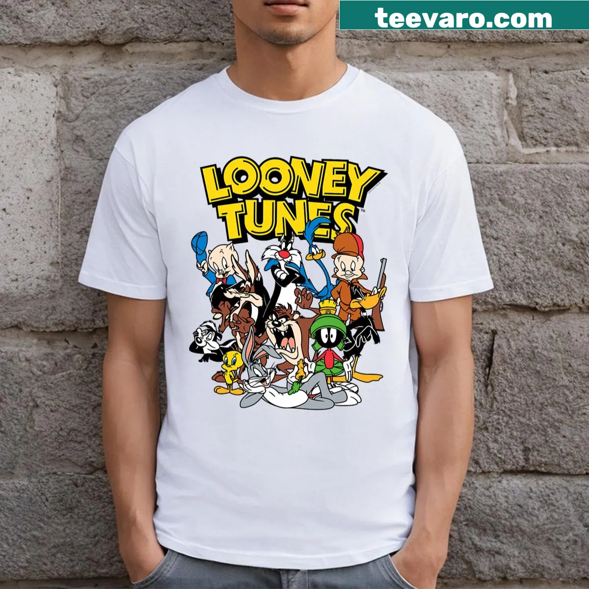 Classic Looney Tunes characters printed on a fun T-shirt — on a men's t-shirt