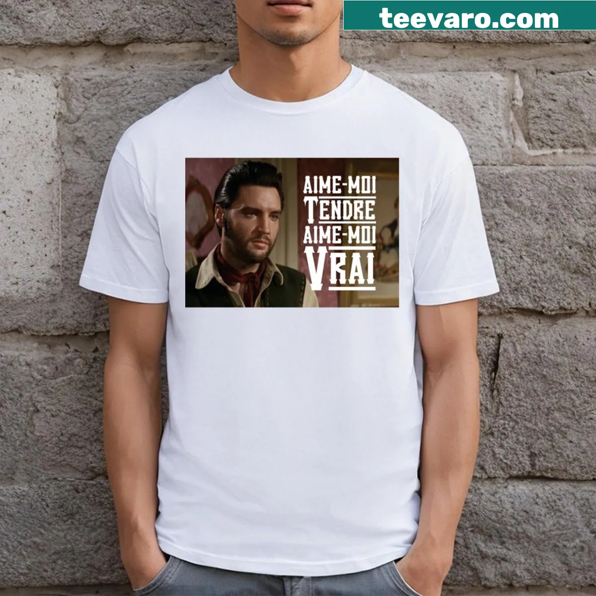 Hand-lettered design reading 'Love Me Tender Love Me True!' on a t-shirt — on a men's t-shirt