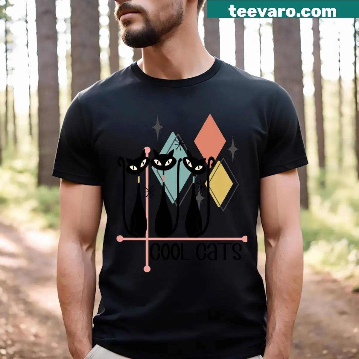 Retro-style T-shirt with playful midcentury modern cat illustrations — on a men's t-shirt