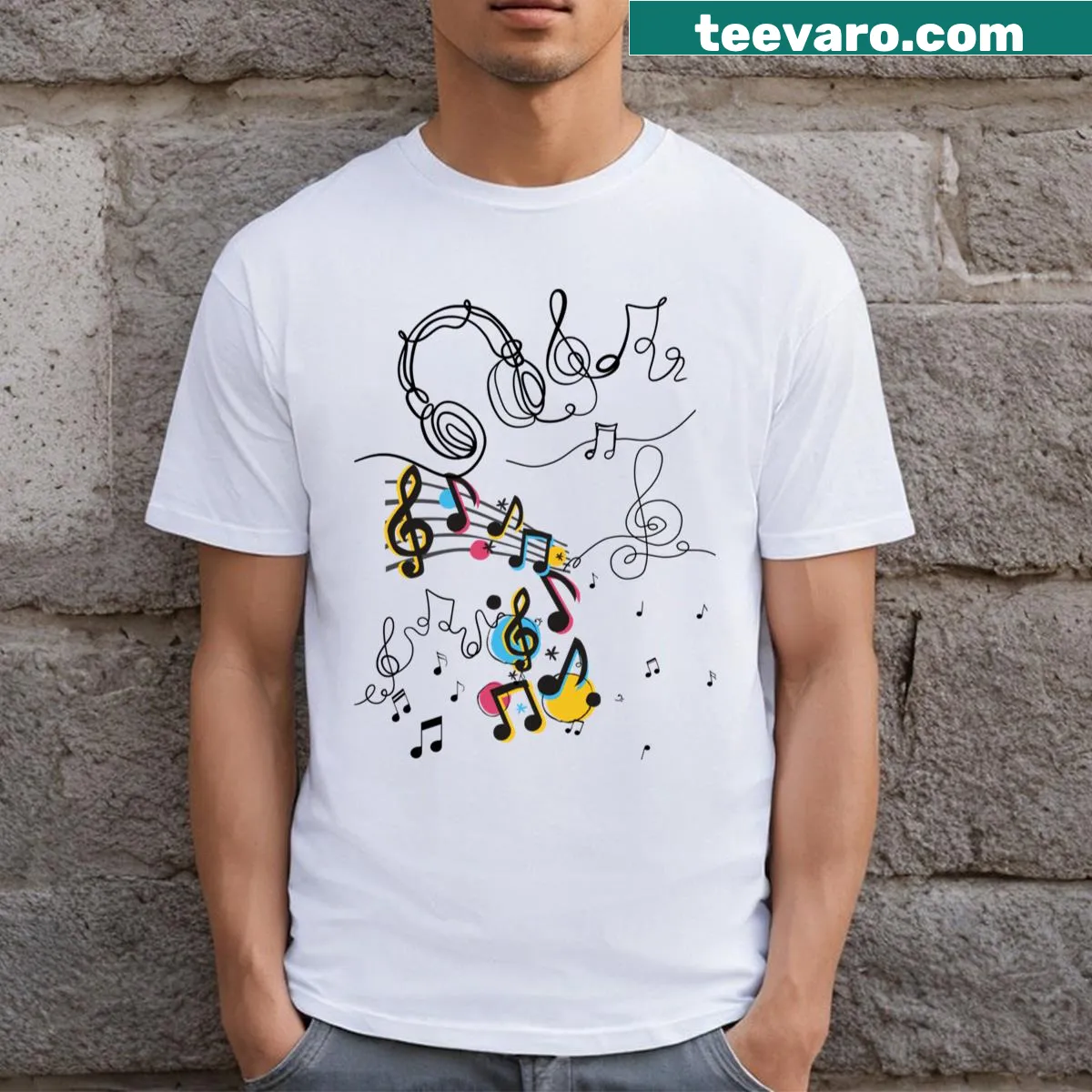 T-shirt with music inspired minimalist line art design — on a men's t-shirt