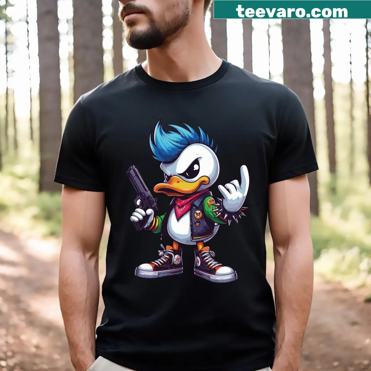 Illustration of a punk duck with a mohawk on a T-shirt — on a men's t-shirt