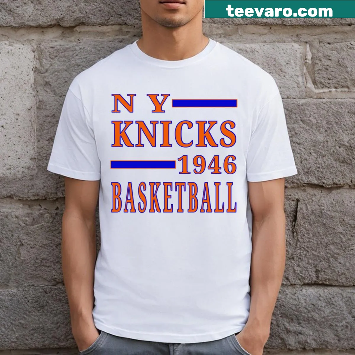 Vintage New York Knicks basketball t-shirt established 1946 — on a men's t-shirt