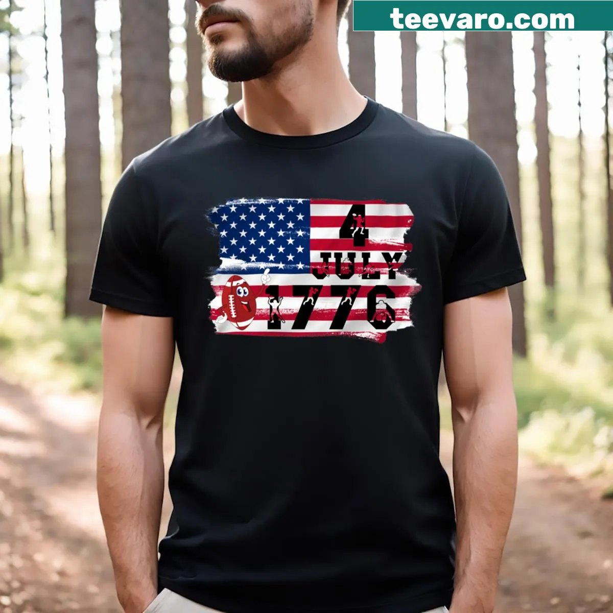 Patriotic football T-shirt with American flag graphic — on a men's t-shirt