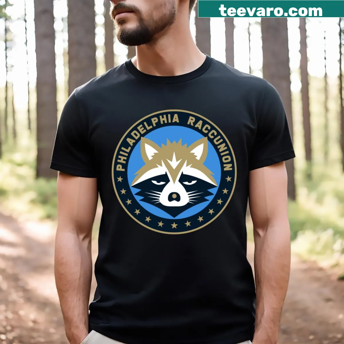 Philadelphia Raccunion T-shirt with humorous pun design — on a men's t-shirt