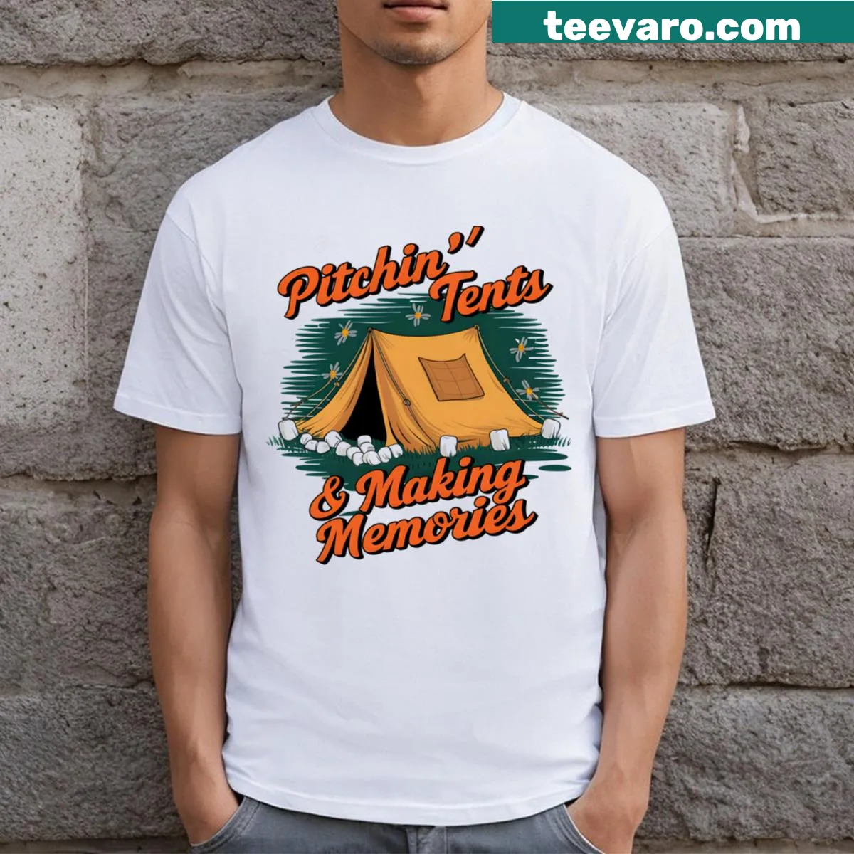 Camping-themed T-shirt with tents and nature graphics — on a men's t-shirt