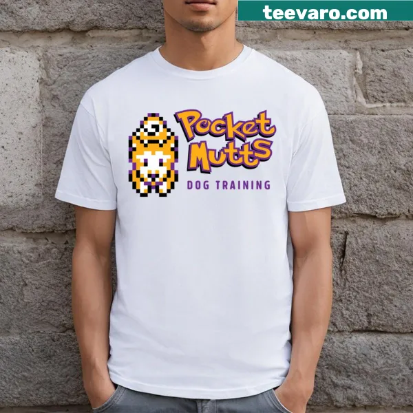 Pocket Mutts logo t-shirt featuring a playful dog graphic