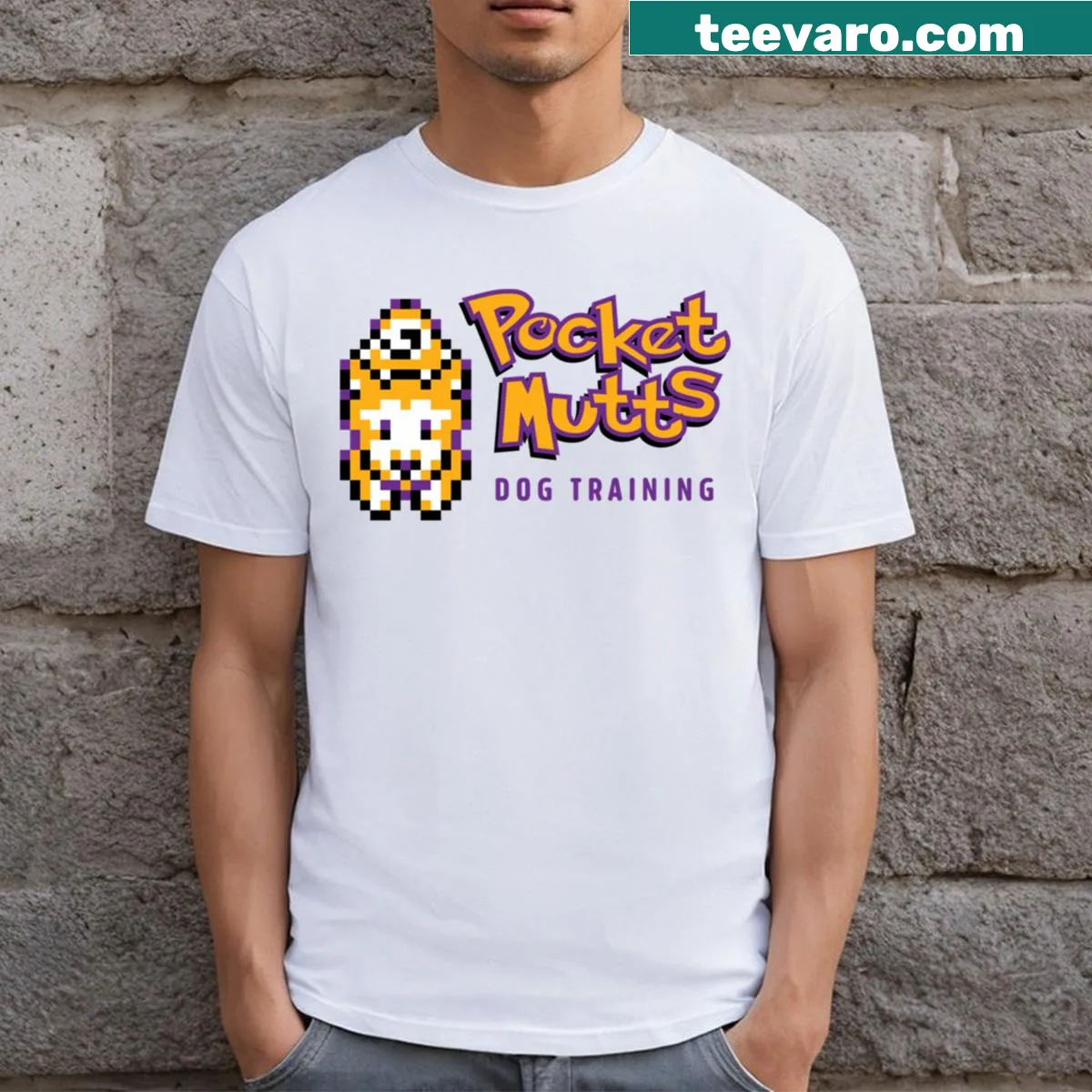 Pocket Mutts logo t-shirt featuring a playful dog graphic — on a men's t-shirt