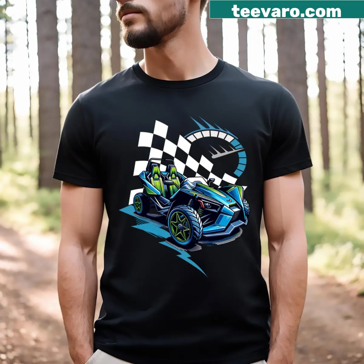 Graphic T-shirt featuring a Polaris Slingshot vehicle design — on a men's t-shirt