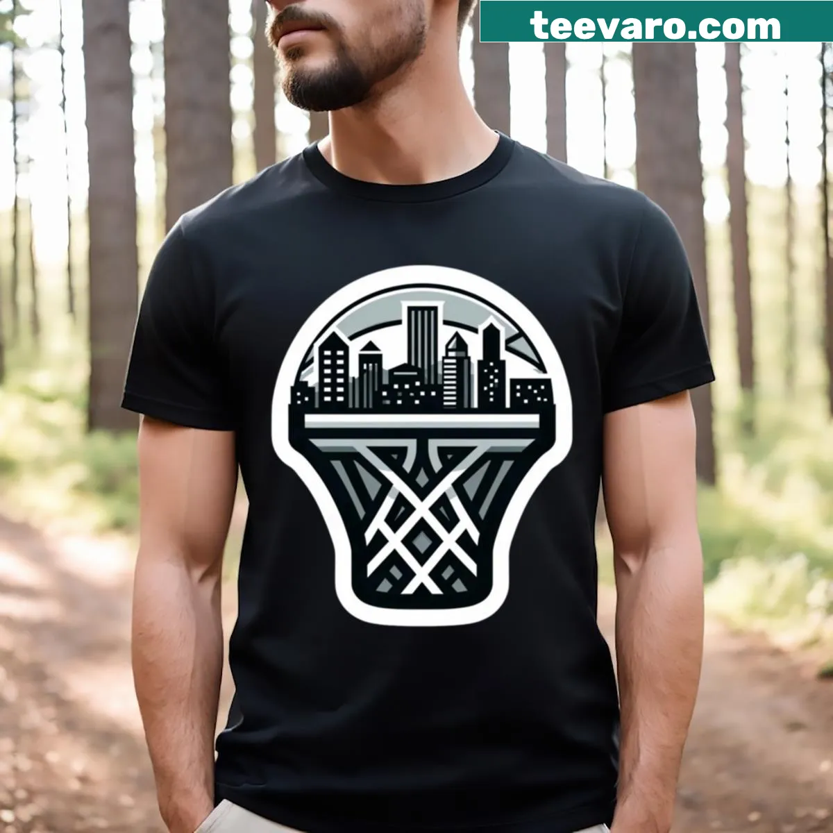 Basketball hoop and Portland skyline illustration on T-shirt — on a men's t-shirt