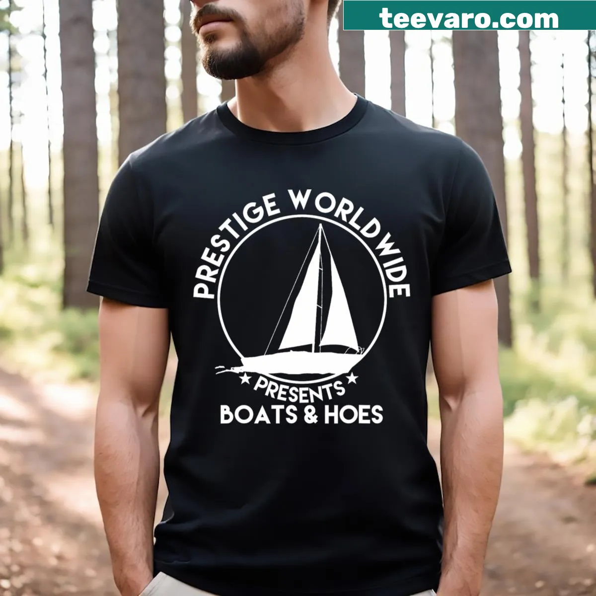 Funny T-shirt with 'Prestige Worldwide' and a playful boat graphic — on a men's t-shirt