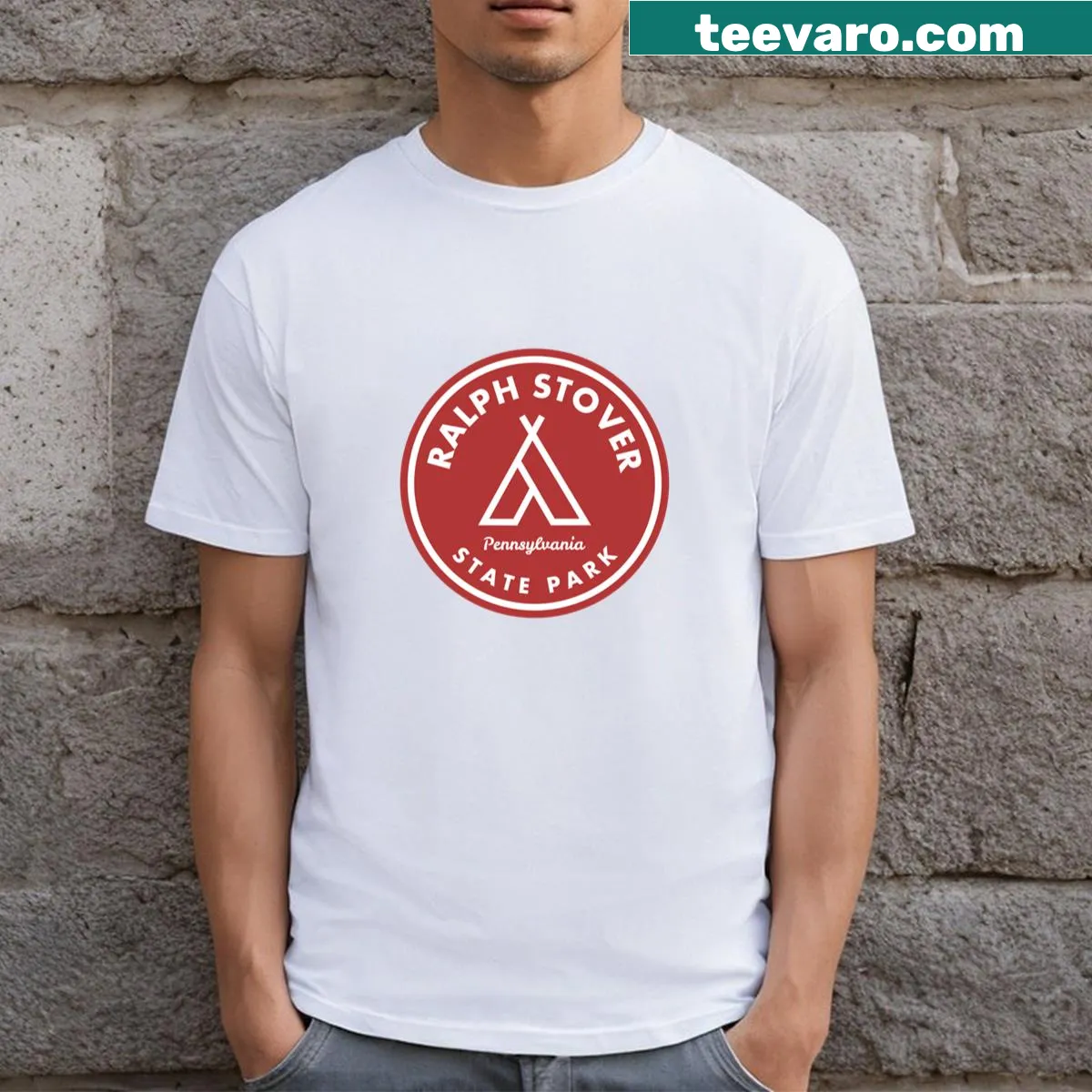 Ralph Stover State Park tent t-shirt with outdoor design — on a men's t-shirt