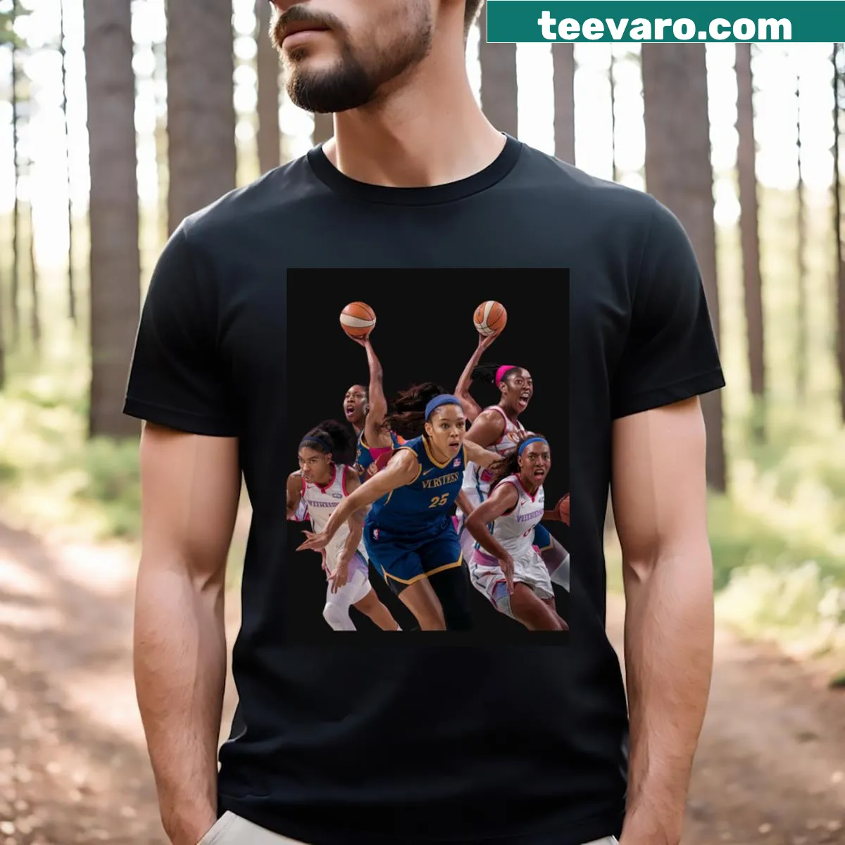 WNBA 2024 season T-shirt with a dynamic hoops graphic — on a men's t-shirt