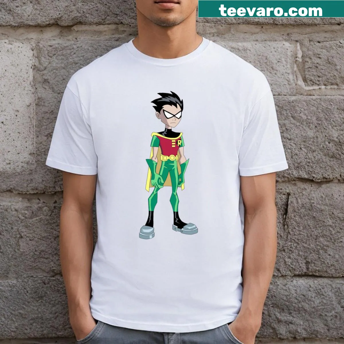 Cartoon-style Robin T-shirt featuring Teen Titans Go! character — on a men's t-shirt
