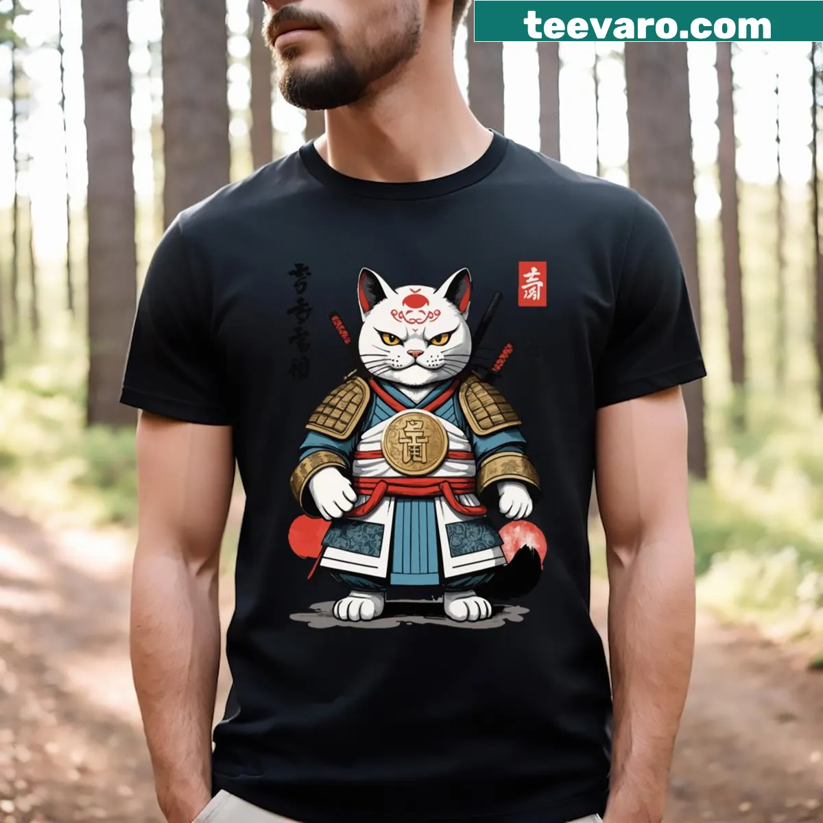 Cartoon Samurai Cat graphic on a streetwear-inspired T-shirt. — on a men's t-shirt