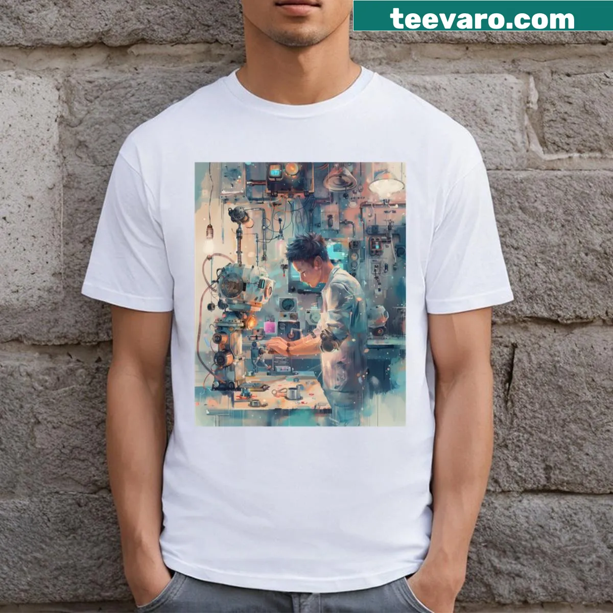 Illustration of a scientist studying a coral reef on a T-shirt — on a men's t-shirt