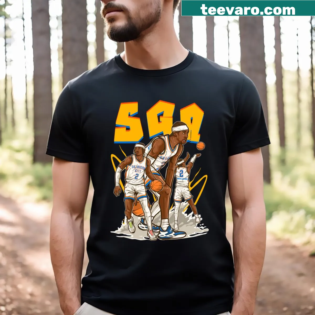 Cartoon illustration of Shai Gilgeous-Alexander on a T-shirt. — on a men's t-shirt