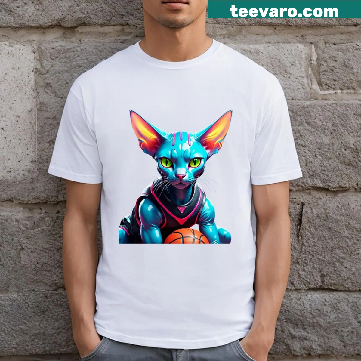 Cartoon Sphynx cat as a basketball-playing mecha on t-shirt — on a men's t-shirt