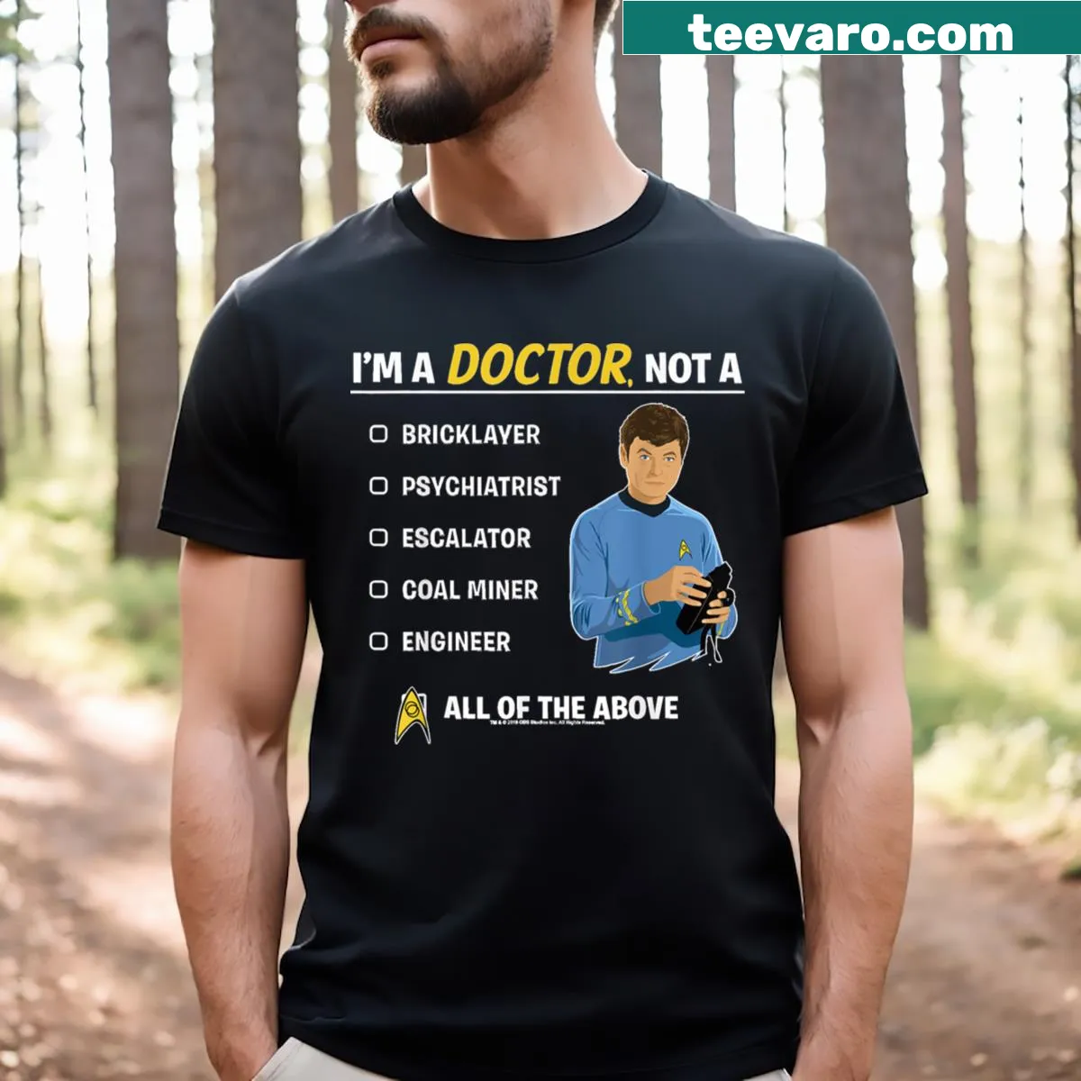 McCoy-inspired t-shirt with 'I'm A Doctor' text — on a men's t-shirt