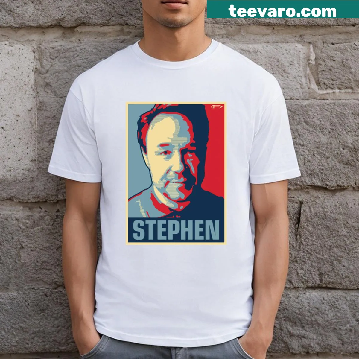 Tribute T-shirt featuring an illustration celebrating the artistry of Stephen. — on a men's t-shirt
