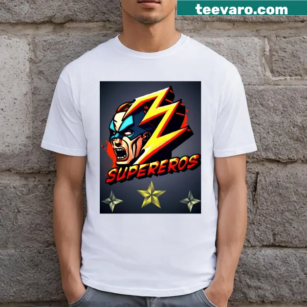 Playful cartoon design of Supereros on a superhero t-shirt